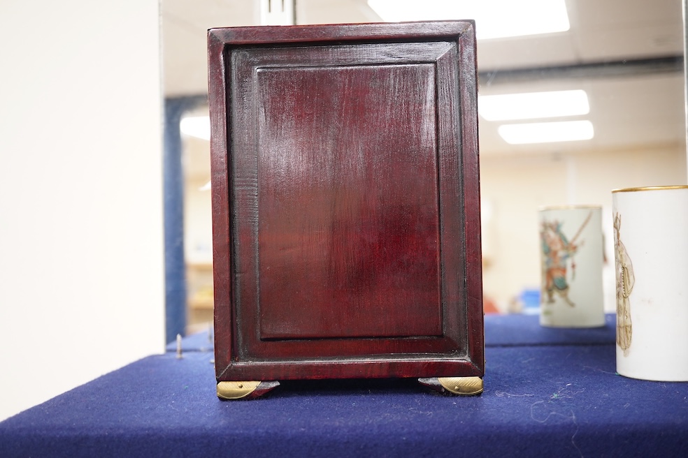 A Chinese brass mounted jewellery cabinet, decorated with enamel plaques. 21cm high. Condition - generally good